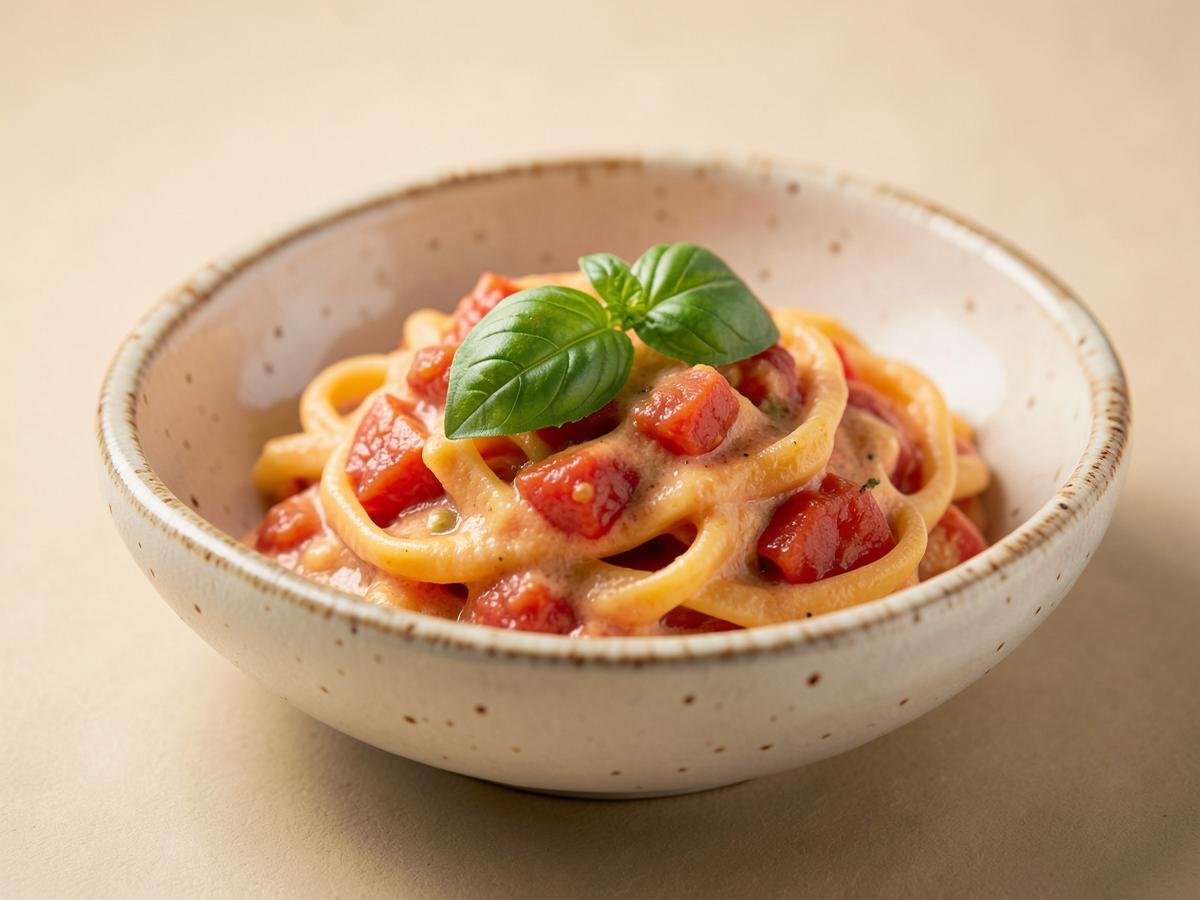 Fresh homemade tomato pasta served with herbs